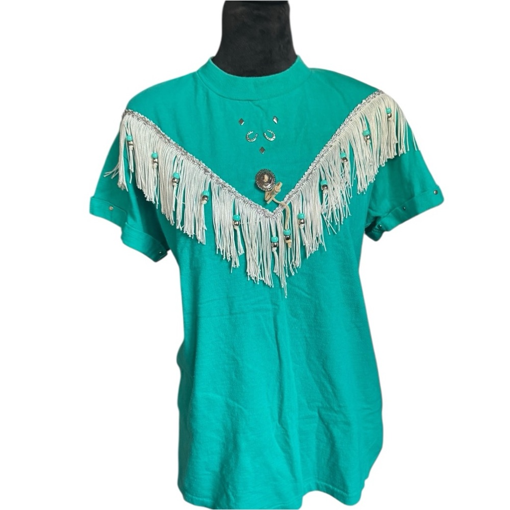VTG 70's Western turquoise‎ fringe shirt with silver detail size M by Hazelwoods